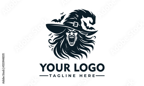 Graphic illustration of a menacing witch with a hat and flowing hair.