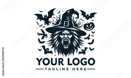 A scary witch with a pointed hat, bats, and a pumpkin, screaming.