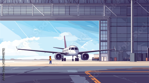 Private plane parked at hangar with kids playing around flat landscape