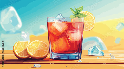 Refreshing Cocktail on Wooden Table with Melting Ice Cubes - Summer Beverage Concept