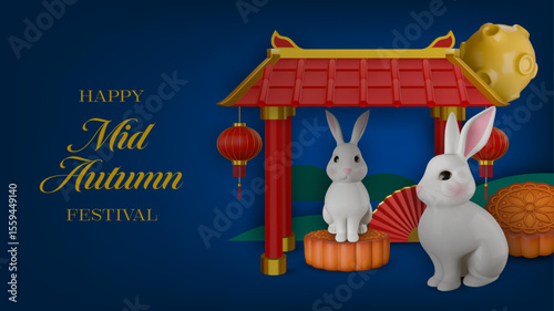 chinese mid autumn festival banner with 3d rabbits, temple, full oon and mooncakes