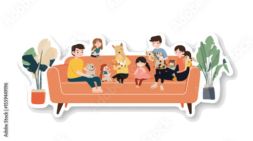 Cute Small Family Sticker Template with Diverse Family Members Smiling Together