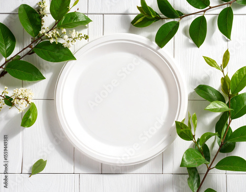 White Plate surrounded by Greenery: A minimalist composition showcasing a clean, empty white plate surrounded by lush green foliage, creating a sense of freshness and simplicity. 