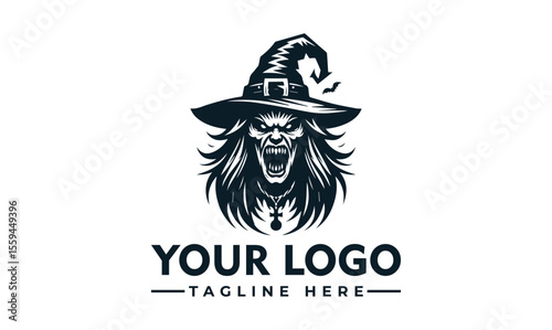 Graphic illustration of a menacing witch with a hat and flowing hair.