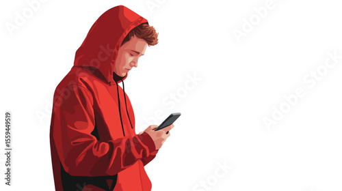 Stylish Young Man in Red Hoodie Using Smartphone