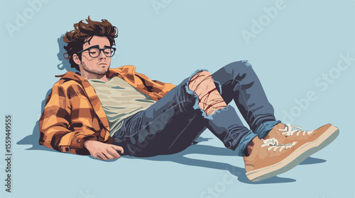 Young Man with Broken Leg in Flat Vector Illustration