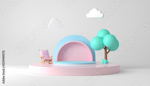 A space with a pedestal for displaying products that created the atmosphere of a baby room.