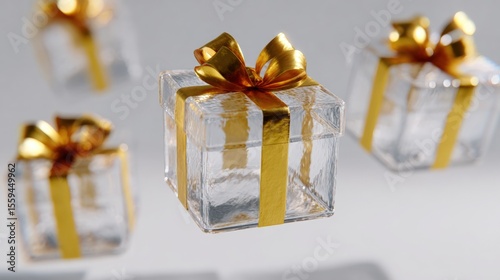 Transparent gift boxes with golden ribbons float elegantly against a soft background, creating a festive and luxurious atmosphere.