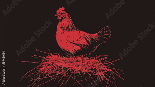 Elegant Silhouette of a Chicken Sitting on a Nest with Dramatic Black Background