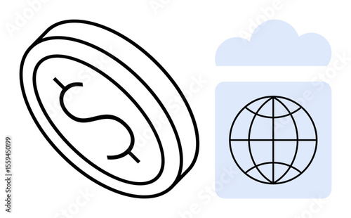 Dollar coin tilted in focus beside cloud frame containing globe icon. Ideal for finance, global trade, digital economy, online banking, financial networks, technology, cryptocurrency. Simple flat