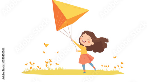 Adorable Girl Flying Kite Flat Vector Illustration