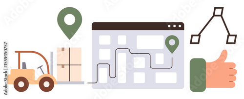 Forklift moving boxes near route map with delivery markers, path planning diagram, and approval gesture. Ideal for logistics, transport, supply chain, delivery, planning efficiency progress. Simple