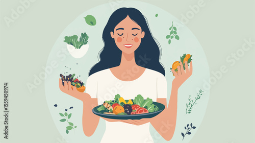 Adult Woman Eating Vegan Food in Flat Vector Illustration