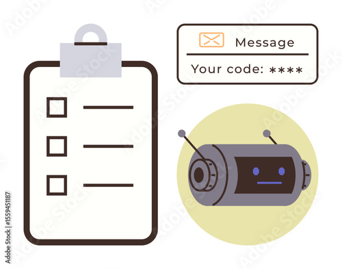 Robot assisting with secure code delivery, checklist for tasks, and message notification. Ideal for cybersecurity, productivity, AI integration, automation, reliability, assistance simple flat