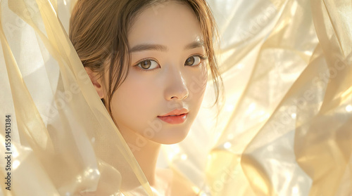 金色のベールのような柔らかい布と美しい若いアジア人女性のビューティーイメージ
