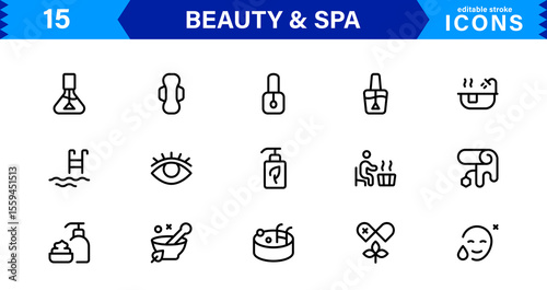 Beauty and Spa Icon Set Representing Wellness, Facial, Skin Care, Relaxation, and Beauty Treatments in a Clean, Professional, Minimalist Vector Design