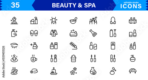 Beauty and Spa Icon Set Representing Wellness, Facial, Skin Care, Relaxation, and Beauty Treatments in a Clean, Professional, Minimalist Vector Design
