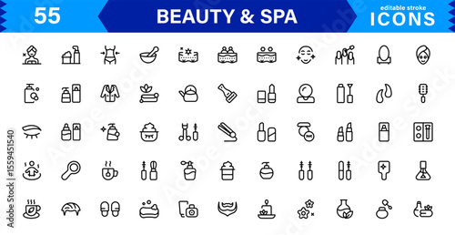 Beauty and Spa Icon Set Representing Wellness, Facial, Skin Care, Relaxation, and Beauty Treatments in a Clean, Professional, Minimalist Vector Design