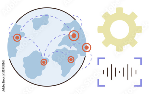 Globe with connected points, gear, sound wave lines, highlighting themes of technology, networking, and collaboration. Ideal for innovation, globalization, connectivity communication teamwork data