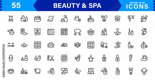 Beauty and Spa Icon Set Representing Wellness, Facial, Skin Care, Relaxation, and Beauty Treatments in a Clean, Professional, Minimalist Vector Design