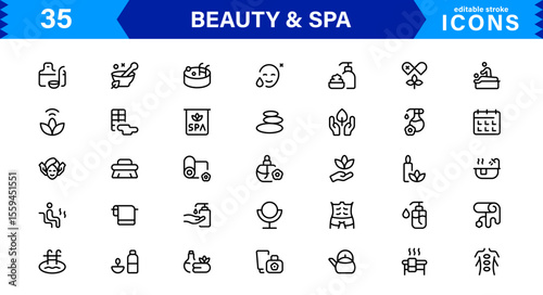 Beauty and Spa Icon Set Representing Wellness, Facial, Skin Care, Relaxation, and Beauty Treatments in a Clean, Professional, Minimalist Vector Design