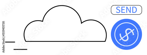 Cloud, send button, and dollar symbol highlight online payment systems. Ideal for finance, e-commerce, technology, data storage, communication cloud computing and workflow concepts. Simple flat