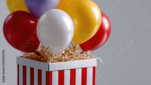 Colorful balloons rise from a striped gift box filled with decorative paper, creating a festive and cheerful atmosphere against a neutral background.