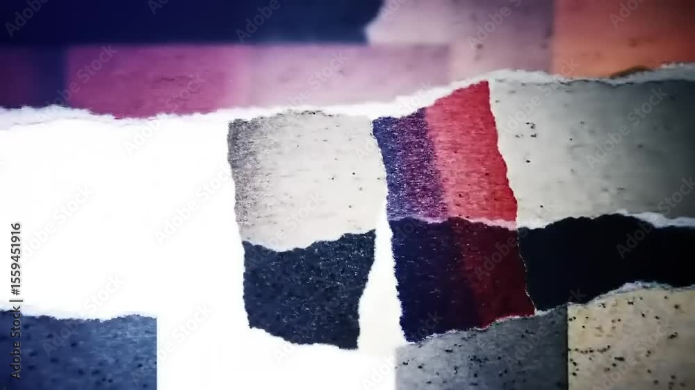 Abstract composition of torn paper showcasing vibrant colors and textures, creating a dynamic visual effect