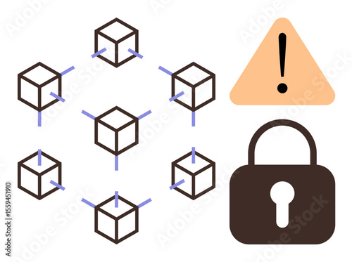 Blockchain grid of cubes representing a decentralized network, caution triangle, and lock symbolizing security and risk. Ideal for technology, cybersecurity, blockchain, data privacy, online safety