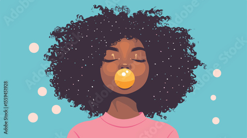 Afro Girl Chewing Gum Flat Vector Illustration