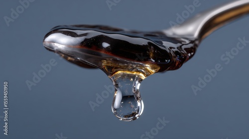 Close-up of a spoon with dark syrup dripping against a blue background, capturing the texture and fluidity of the liquid.