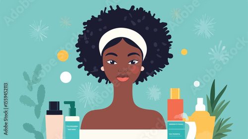 Beautiful Afro Woman with Skincare Products in Flat Vector Illustration
