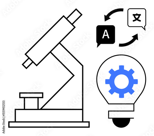 Microscope paired with multilingual exchange icons and light bulb with gear highlights innovation, global communication, and research insights. Ideal for science, education, innovation, technology