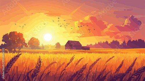 Tranquil Rural Sunset Agricultural Landscape