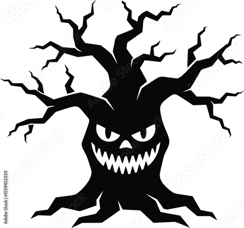 Spooky Haunted Tree Silhouette: Halloween Scary Monster Face Illustration