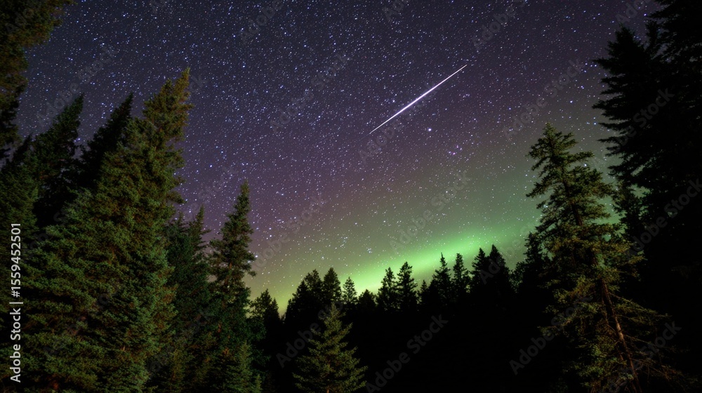Fototapeta premium A stunning night sky with a shooting star above a forest, illuminated by the aurora borealis, creating a serene and magical atmosphere.