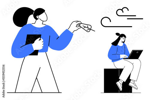 Woman holding a leaf, embodying nature and balance, while another works on a laptop, symbolizing creativity, focus, and productivity. Ideal for teamwork, balance, remote work creativity innovation