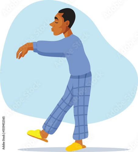 Man Sleepwalking Wearing Pajama Suit Vector Illustration Character. Guy experiencing a sleep-disrupting event during the night

