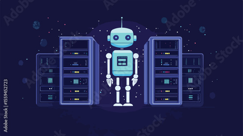 Advanced AI Server and Robot Technology Flat Vector Illustration