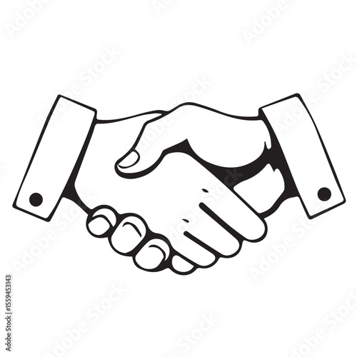 Simple black and white line art illustration of two hands shaking in agreement and partnership