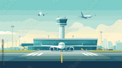 Modern Airport Terminal Flat Vector Illustration Centered