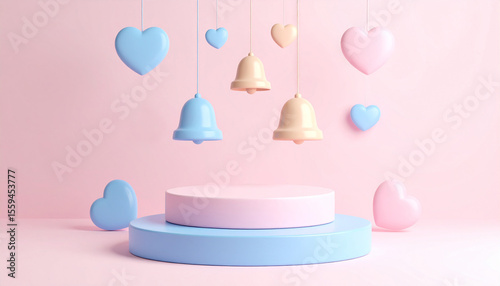 Space with heart decorations and round cylinder for product displays against a soft pink background.
