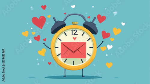 Cute Cartoon Alarm Clock Character Holding Love Letter Illustration