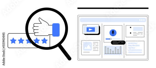 Magnifying glass focusing on thumbs-up and 5-star rating, alongside web analytics displayed on a screen. Ideal for feedback management, quality control, user experience, data review, digital