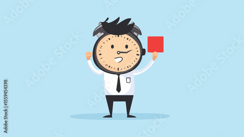 Cartoon Referee Holding Red Card with Alarm Clock Head