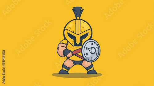 Spartan Warrior Mascot Holding Alarm Clock - Cartoon Character Design