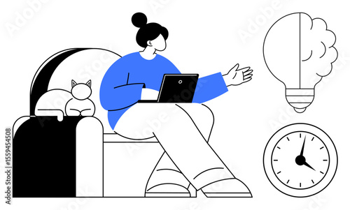 Woman sitting on couch using tablet, a cat resting beside, light bulb symbolizing creativity, and clock indicating time. Ideal for remote work, innovation, planning, productivity, time management