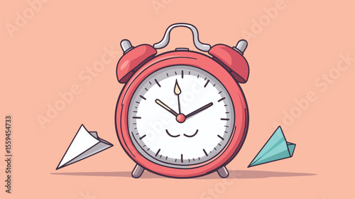 Cute Alarm Clock Head Cartoon Character with Paper Plane