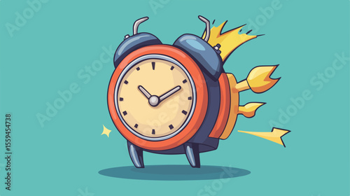 Cartoon Alarm Clock Mascot with Jetpack Flying in the Sky