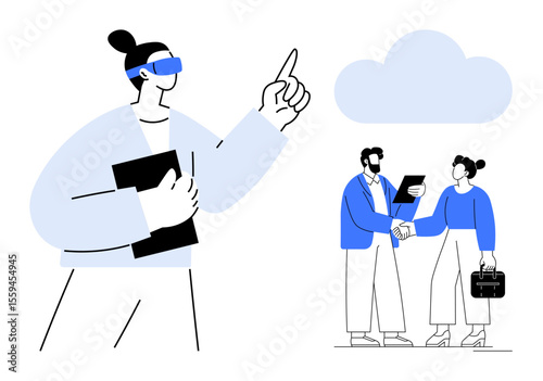 Person using VR interacting with digital cloud, two professionals shaking hands symbolizing networking, innovation, future technology. Ideal for teamwork, collaboration, digital transformation